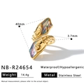 Detailed view of fashionable gold stainless steel ring with colorful shell inlay and sizes - Adjustable Open Size / Abalone Shell Teardrop Style (NB-R24654)