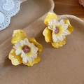 Detailed view of yellow enamel and fabric flower stud earrings perfect for summer holidays - Style 33 (Silver Pin)