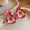 Close-up of handmade fabric and enamel flower stud earrings with elegant pink petals - Style 34 (Silver Pin)