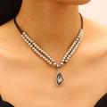 Double-layered beaded necklace with a heart-shaped irregular grey crystal pendant - Silver Double Layer Black Zirconia Necklace (37)