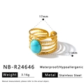 Anello vintage in acciaio inossidabile placcato oro 18k con pietra turchese e più fasce - Aperto Regolabile / Stile Pietra Blu Cielo Ovale (NB-R24646) / Oro