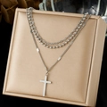 Three-layer silver stainless steel necklace featuring a cross pendant and bead chains - Triple Layer Cross Style (N4148)