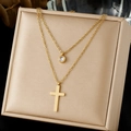 Gold layered stainless steel necklace featuring a cross and zircon pendant in box - Double Layer Rhinestone Cross Style (N4159)