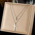Silver double layer stainless steel necklace with round zircon and cross pendant - Double Layer Rhinestone Cross Style (N4160)