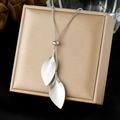 Minimalist silver double leaf pendant necklace with snake chain and adjustable bead - Double Leaf Adjustable Style (N4166)