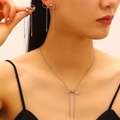 Silver bow necklace and long tassel earring jewelry set for elegant women - Silver Jewelry Set