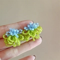 Macro detail of handmade acrylic blue and green beaded flower earrings with silver needles - Niche Design Contrast Color Style (13#)