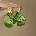 Detail view of green acrylic flower earrings with gold textured studs - 3D Multi-petaled Flower Style (17#)
