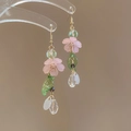 Detail view of sweet pink acrylic flower earrings with green leaf and crystal beads - Acrylic Floral Beaded Style (47#) / Pink-Green