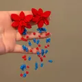 Handmade red fabric flower earrings with blue and red beaded long tassels - Contrast Felt Tassel Style (66#)