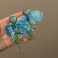 Elegant sweet blue heart acrylic earrings with organza bows and colorful beaded tassels - Heart Mesh Tassel Style (72#)