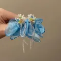 Elegant blue fabric flower earrings with silver needles and delicate beaded tassels - Blue Fabric Flower Tassel Style (73#)