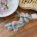 Elegant light blue fabric flower stud earrings with colorful bead centers for women - Tulle Texture Flower Style (74#)