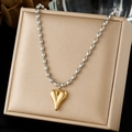 Collier bicolore avec pendentif coeur doré et chaîne à billes en argent poli brillant - Collier Cœur Bouffant Bicolore Or Et Argent (N4183)