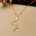Gold layered stainless steel cross necklace with minimalist bead chain and zircon stone - Bead Cross Rhinestone Style (N4157)