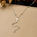 Silver beaded Y-shaped stainless steel necklace with cross pendant and zircon detail - Bead Cross Rhinestone Style (N4158)