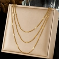 Gold-plated stainless steel double-layered necklace with flat chain on a silk jewelry stand - Block Chain Style (N4149)