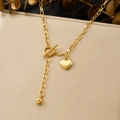 Golden stainless steel heart pendant necklace with OT clasp and long link chain - OT Buckle Heart Style (N4173)
