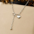 Silver-toned Y-shaped stainless steel necklace with OT toggle clasp and heart charm - OT Buckle Heart Style (N4174)