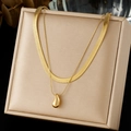 Double layered gold stainless steel necklace featuring a snake chain and teardrop pendant - Double Layer Waterdrop Style (N4184)