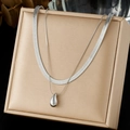 Double-layered silver stainless steel snake chain necklace with teardrop pendant - Double Layer Waterdrop Style (N4185)