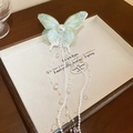 Elegant butterfly hair clip with green mesh wings and long pearl tassels in gold - Light Green Butterfly Clip with Pearl Tassel (9#) / Single Piece / Green