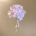 Elegant pink mesh fabric flower hair clip with dangling pearl tassels and gold chain detail - Mesh Hydrangea Tassel Hair Clip (29#) / Pink