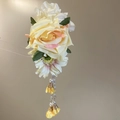 Elegant yellow fabric rose hair clip with pearl tassels and decorative green leaves - Large Rose Daisy Tassel Hair Clip (31#) / Yellow