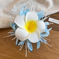 Elegant plumeria hair clip with blue mesh petals and white stamens on wooden background - Light Blue Mesh Orchid Hair Clip (42#) / Single Piece / Blue