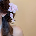 Elegant pink tulle fabric flower hair clip with dangling pearl accents worn by a model - Pink Mesh Hair Clip with Pearl Tassel (67#) / Single Piece / Pink