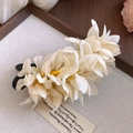 Sweet cream white fabric flower hair clip featuring dew-drop bead details for women - White Fabric Dewdrop Flower Hair Clip (72#) / White