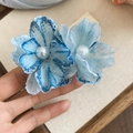 Elegant blue gradient mesh flower hair clip with pearl centers and mesh petals - Blue Gradient Mesh Pearl Flower Clip (77#) / Single Piece / Blue