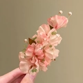 Elegant pink mesh fabric flower hair clip with delicate pearls and green beads detail - Pink Mesh Pearl Bright Bead Hair Clip (81#) / Single Piece / Pink