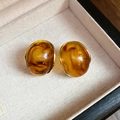 Retro amber resin round stud earrings with hypoallergenic silver needles in a jewelry box - Smooth Hemisphere Tortoise Texture Stud Earrings Style (53#银针-金色-咖色)