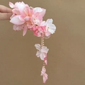 Elegant pink fabric floral hair claw clip featuring delicate pearl tassel dangling charms - Duckbill Clip-Pink