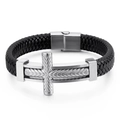 Geflochtenes Herren-Lederarmband mit einem Weizenmuster-Kreuz aus robustem Titanstahl - 19cm / Strahlendes Muster Kreuz (KB130231-KFC) / Stahlfarben