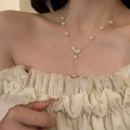 Elegant 18k gold plated pearl necklace with zircon leaf pendant for women fashion - Leaf Pearl Tassel Style / Gold