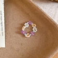 Handmade colorful beaded flower ring with crystal beads for a fresh summer boho style. - Ring / White-Purple