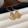 Elegant gold teardrop earrings with embedded dried white flowers in clear resin pendant - Hook Earring (HE31708) / Gold-White