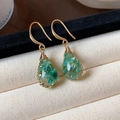 Elegant resin water drop earrings featuring teal dried flowers and gold ear hooks - Hook Earring (HE31705) / Gold-Green