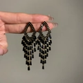Elegant black rhinestone fringe chandelier earrings featuring square zircon details - Gunmetal