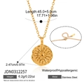 Detail view of gold embossed sunburst necklace with material and size specifications. - Sunflower Round Plate Style (JDN0312257)