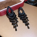 Close-up of elegant black zircon rhombus tassel earrings in a vintage court style. - No. 53 Fan-shaped Progressive Tassel Style (53#) / Gunmetal
