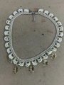 Handmade white and gold beaded lace necklace with yellow glass teardrop charms for women - Off White