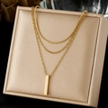 Three-layer gold-plated stainless steel necklace with bar pendant minimalist style - Triple Layer Vertical Bar Style (N4177)