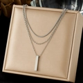 Three-layer silver stainless steel necklace with snake chain and bar pendant - Triple Layer Vertical Bar Style (N4178)