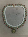 Handcrafted stainless steel beaded lace necklace with an emerald green glass pendant - Olive Green