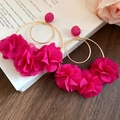 Oversized fuchsia fabric flower hoop earrings with gold-tone finish for vacation wear - Rose Red