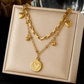 Double-layered gold-plated stainless steel necklace with heart and coin pendants - Double Layer Coin Heart Style (N4179)