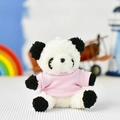 Close-up of a soft panda plush toy wearing a pink t-shirt with a hanging loop - Pink T-Shirt